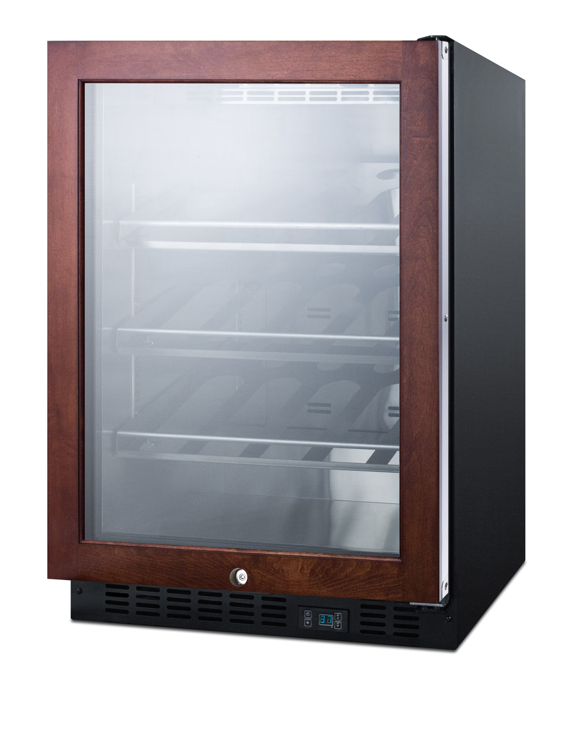 Built-in undercounter commercially listed wine cellar with panel-ready door trim, stainless steel interior, champagne shelving, digital controls, and black cabinet